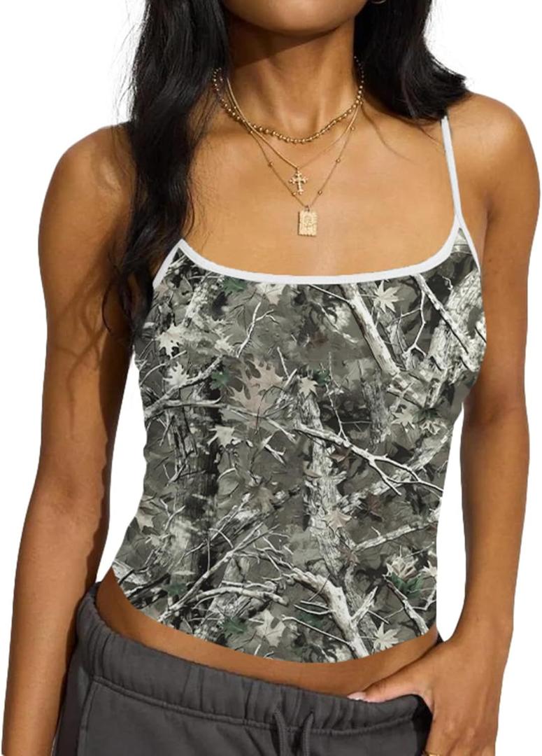 BAIGRAM Women Camo Crop Tank Top Spaghetti Strap Backless Camisole Fitted Maple Leaf Print Sleeveless Going Out Top Y2K (L)