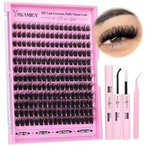 Fluffier Lashes Clusters Kit Wispy Individual Lashes 100D Volume Cluster Eyelash Extensions Kit 1016mm D Curly Lash Extension Kit with Bond and Seal and Lash Tweezers DIY Eyelash Kit by Yawamica