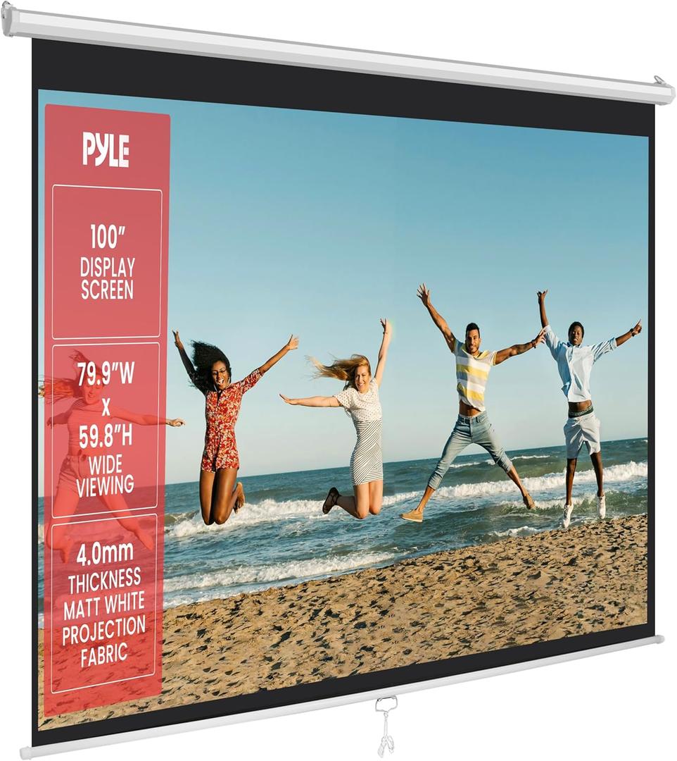 Pyle Manual Pull Down Projector Screen - Universal 100-inch Roll-Down Retractable Manual Screen w/ Auto-Locking, Adjustable Screen Height, Black Masking Border -Home PRJSM1006