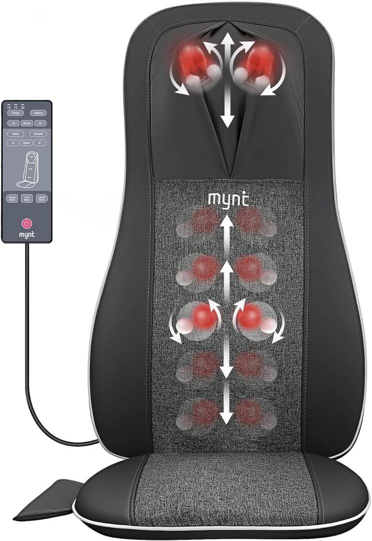 Mynt Shiatsu Neck and Back Massager with Heat, 3D Kneading Full Back Massager for Pain Relief Deep Tissue, Foldable Adjustable Chair Massager for Home Office, Black