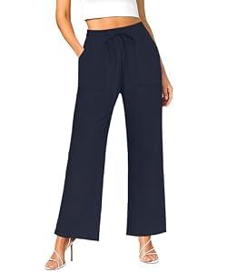 NILOUFO Women Wide Leg Pants Drawstring Elastic High Waisted Palazzo Casual Trousers with Pockets Lounge Comfy (Navy Blue, Small)