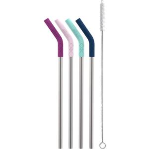 Ello Impact 4 Pack Reusable Metal Straws with Silicone Tips Made from Stainless Steel, Dishwasher Safe, BPA-Free with Cleaning Brush, June Breeze