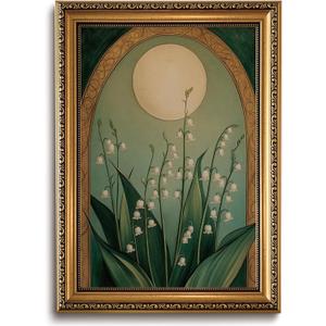 Lily of the Valley Wall Art Moody Picrure Wall Decor Dark Floral Canvas Art | Gold Framed Green Botanical Wall Art Bedroom Bathroom Cottage Core Decor Artwork