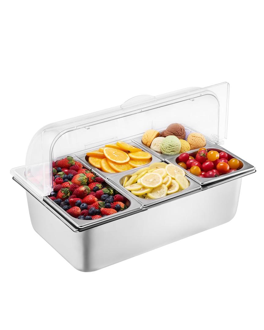 VEVOR Countertop Food Serving Display Container, 5 Pan Stainless Steel Food Serving Tray, Buffet Condiment Dispenser Display Rack with Clear Lid & 3 Freezer Boxes, for Restaurant Hotel Kitchen Party