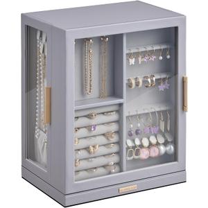 360 Rotating Jewelry Box with 5 Drawers, Spacious Vertical Jewelry Organizer with Glass Window, Jewelry Storage Case, Dustproof & Moisture-resistant Design, Grey