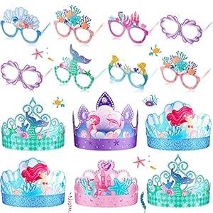 Gueevin 40 Pcs Mermaid Birthday Decorations Mermaid Party Hats Mermaid Party Favors Mermaid Themed Paper Eyeglasses Mermaid Crowns Mermaid Party Decorations Hats for Birthday Party Decor