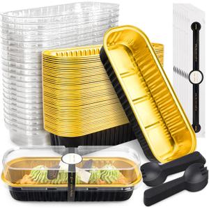 50 Pack Mini Cake Pans with Lids and Spoons Black Gold Rectangular Aluminum Foil Baking Pans Mini Cheesecake Containers(6.8oz)