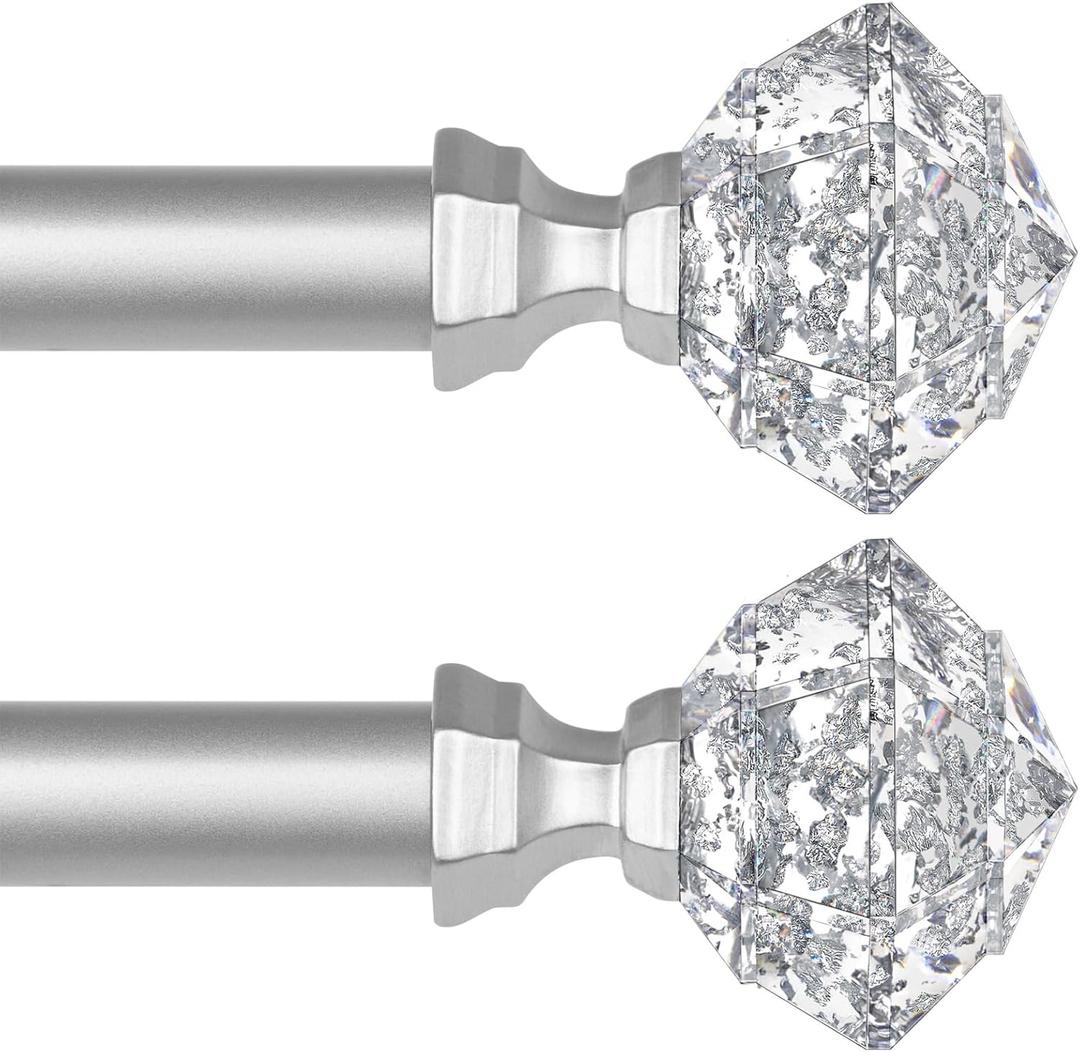 TONIAL 2 Pack Curtain Rods 32 to 58 Inch(2.6 to 4.8 ft), Telescoping Splicing 3/4 Single Rods for Windows 20 to 53 Inch(1.7 to 4.4 ft) Decorative Drapery Rod with Translucent Diamond Finial, Silver