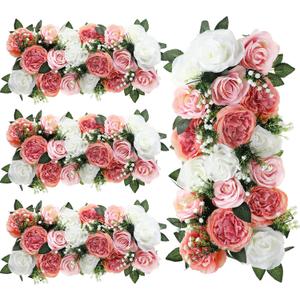 4 Pcs Wedding Arch Artificial Flower Panels Faux Floral Rose Silk Roses Arrangements Flower for Wedding Wall Tables Party Dinintable Centerpiece Decoration (Pink and White)