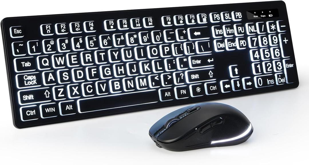 Large Print Backlit Wireless Keyboard and Mouse, 2.4G Full Size Keyboard and Mouse Combo with Big Letters and Backlight Key, Easy to See Big Letters, Light Up Keyboard for Windows, PC, Laptop, Desktop