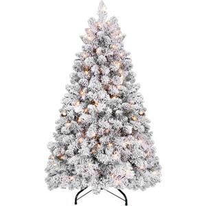 4 ft Prelit Flocked Christmas Tree with Pine Cones & 150 UL Lights, Snow Frosted Artificial Christmas Tree with Auto Hinged Stand for Holiday Decor