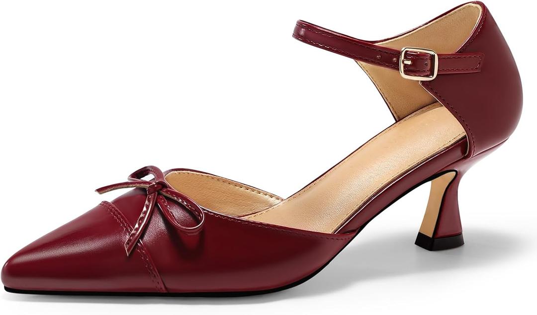 Coutgo Womens Bow Kitten Heels Low Heel Dress Shoes Closed Pointed Toe Ankle Strap D'Orsay Pumps (10)