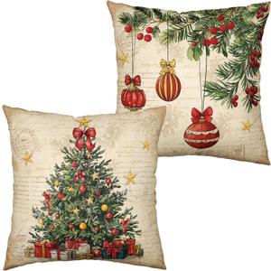 Kwlegh Retro Christmas Pillow Covers Xmas Tree Vintage Decorative Throw Pillow Covers 18x18 Set of 2 Pine Tree Holly Berry Pillow Case Cushion Case for Holiday New Year Decoration Couch Sofa