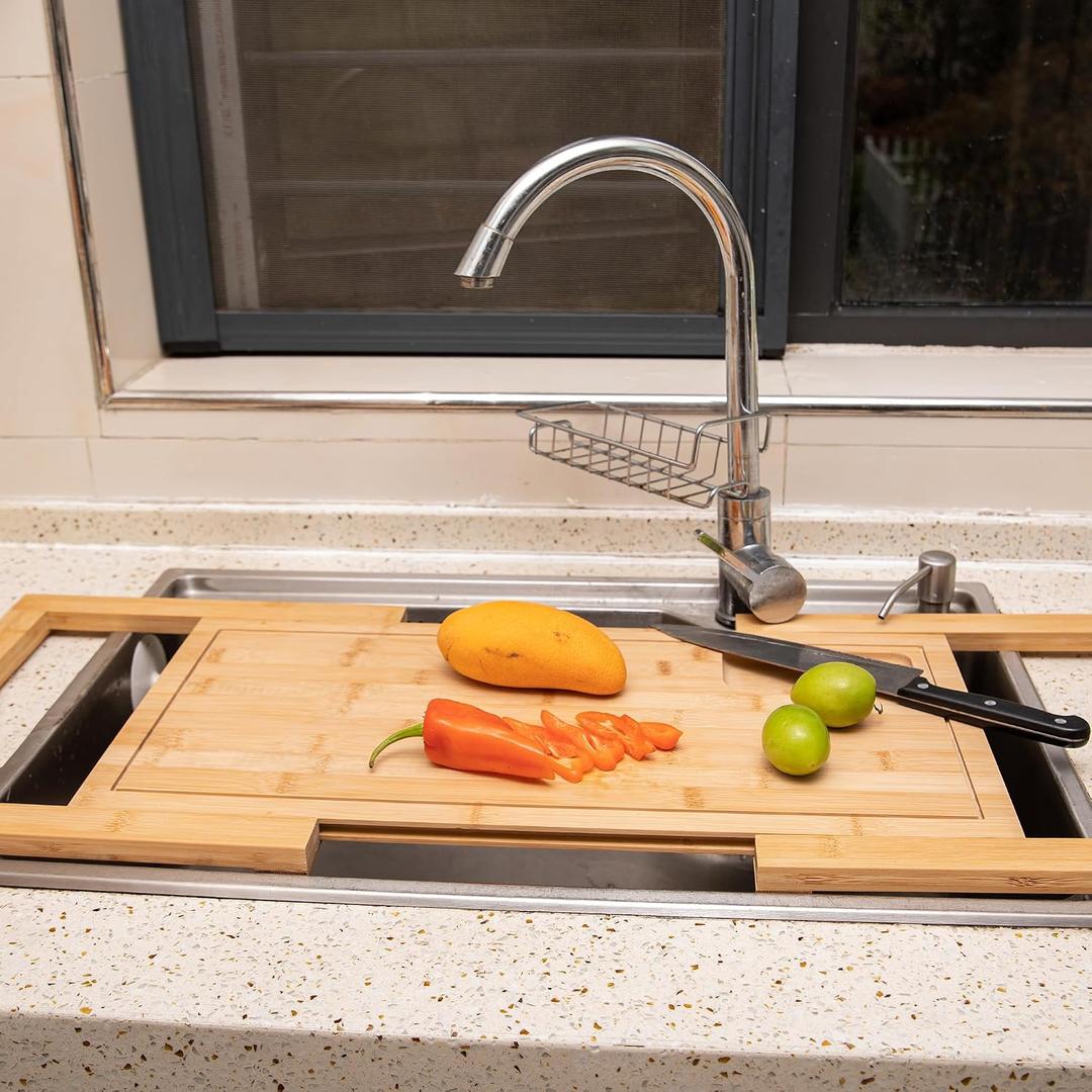 Defined Deco Over The Sink Cutting Board, Kitchen Sink Cover for Counter Space, Extra Large Expandable Cutting Board Over Sink, Natural Bamboo Cutting Boards with Juice Groove