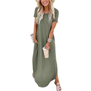 Anrabess Womens Summer Maxi Dress Short Sleeve Casual Loose Long T Shirt Dresses Split Vacation Beach Sundress Travel Outfits Olive X-Large