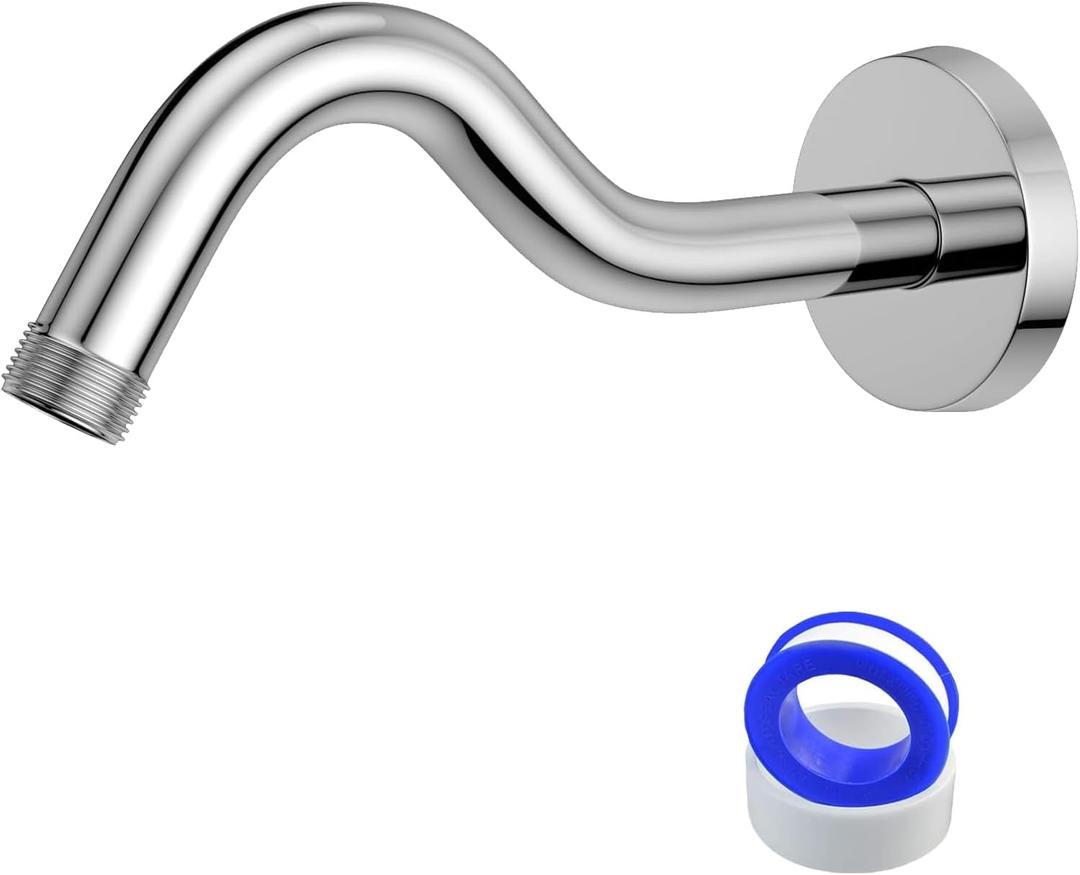 Shower Arm, 8 Inch S-Shape Curved Shower Pipe with Flange Stainless Steel Shower Head Extension Replacement Pipe Arm Shower Extender for Shower Head Wall Mounted Polished Chrome (Teflon Tape Included)
