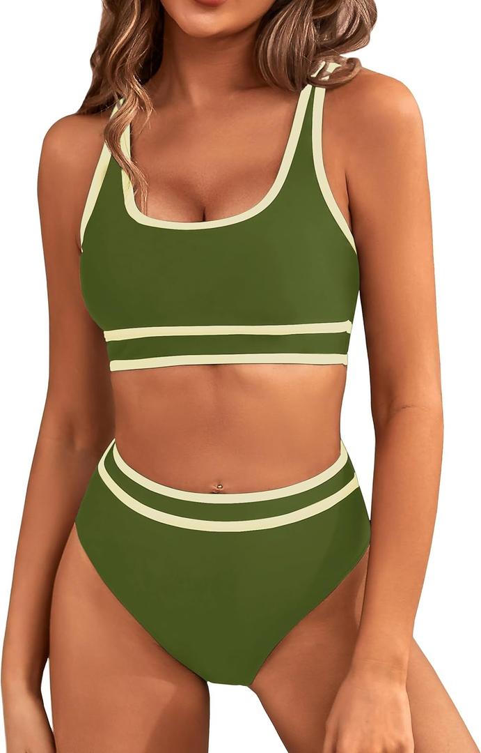 BMJL Women's High Waisted Bikini Sets Sporty Two Piece Swimsuits Color Block Cheeky High Cut Bathing Suits(Small, Army Green)