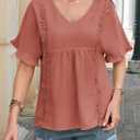 Womens Summer Tops V Neck Ruffle Half Sleeve Blouses Cute Lace Peplum Shirts Casual Boho Babydoll Clothing 2025 (Brown, M)