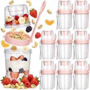 Mifoci 8 Pcs 27 oz Overnight Cereal Cup Portable Oats Container with Lid and Spoon for Yogurt Salad Fruit Oatmeal Cereal Overnight Oats Breakfast Vegetable Snack Cup(Pink)