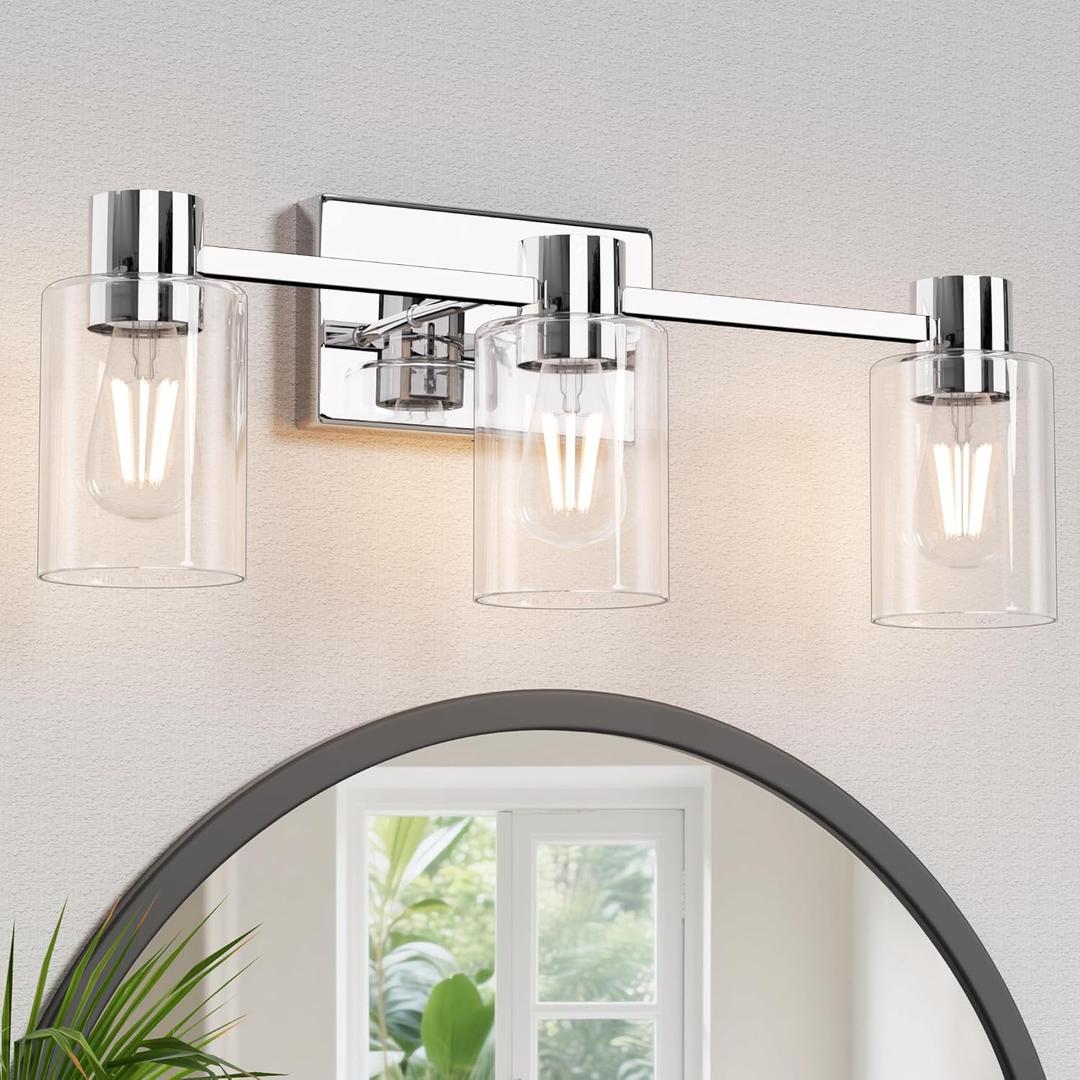 3-Light Modern Vanity Light Fixtures Over Mirror, Polished Chrome Bathroom Light Fixtures, Vanity Lights, Wall Sconce with Clear Glass Shade for Bathroom, E26 Base