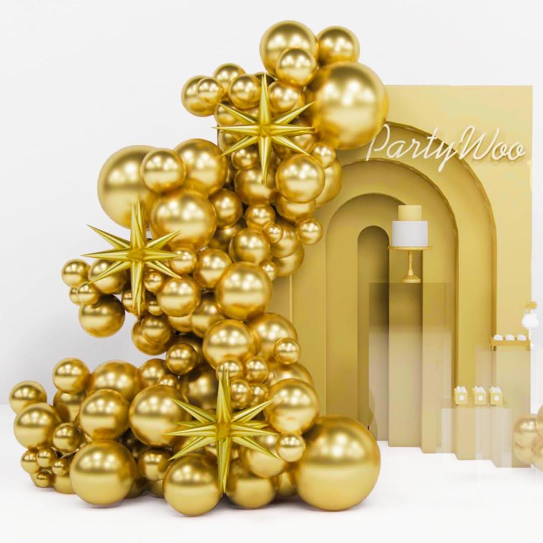 PartyWoo Metallic Gold Star Balloons 110pcs Different Sizes 18 12 10 5 Inch Pack 22 Inch Gold Spike Star Explosion Foil Mylar Balloon Arch Kit for Birthday Engagement Party Decorations Gold-G101