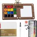 Mini Watercolor Paint Set Pocket Artist Watercolor Travel Set with Mini Paint Palette,Brushes, 12 Colors, Watercolor Sketchbook for Artists Painters Students(Wood) (15 Grids)