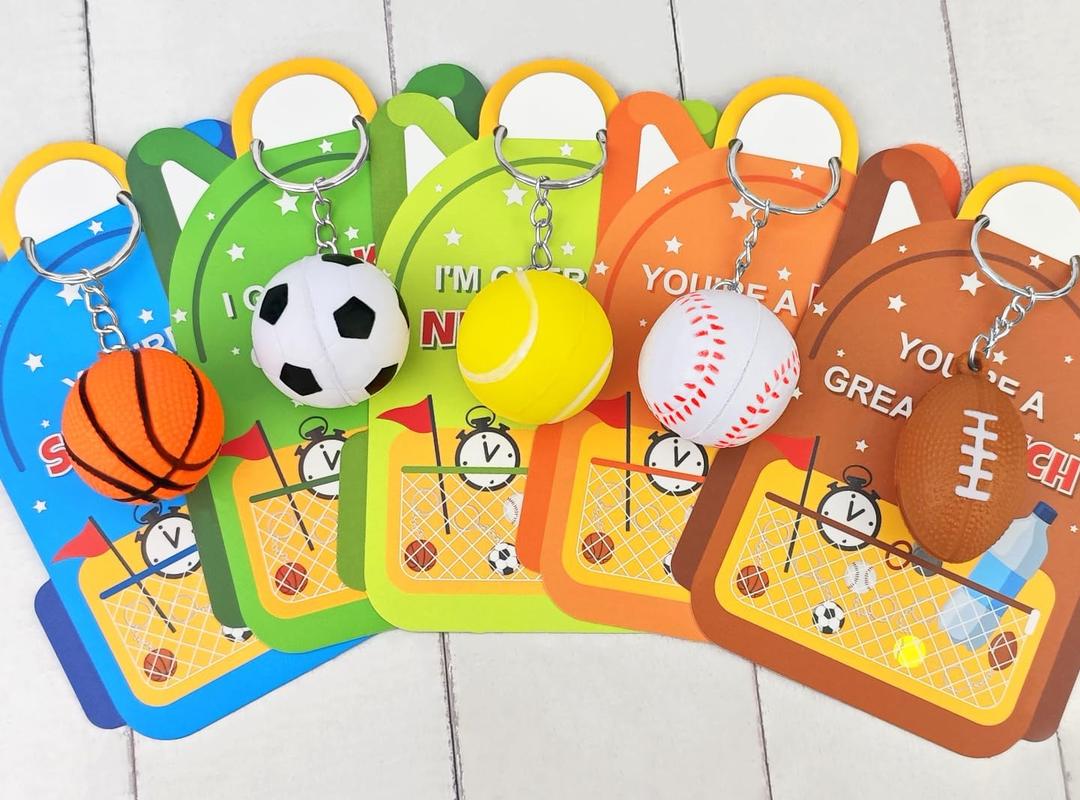 Valentines Day Cards Gifts for Kids Classroom 28 Pack, Mini Foam Sports Ball Keychains with Exchange Cards for Boys Girls, Goodie Bag Stuffers Party Favors School Class Prizes Treats Toys for Toddlers