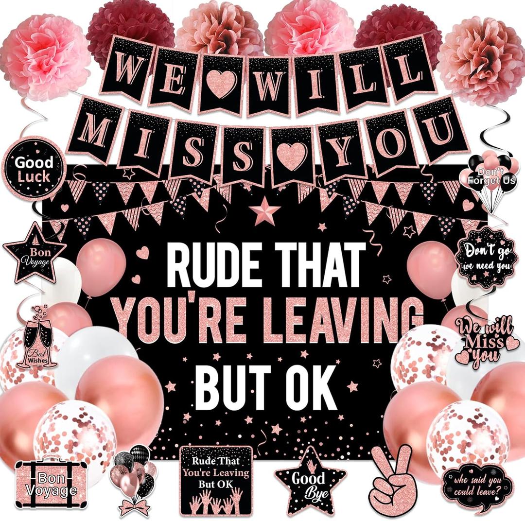 Going Away Party Decorations for Women, Rose Gold We Will Miss You Party Supplies - Rude That You'Re Leaving But Ok Banner Swirls Pompoms Balloons, Great for Retirement Farewell Goodbye Party