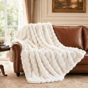 IKALIFE Cozy Bubble Faux Fur King Blanket for Bed, 90x108 Cream