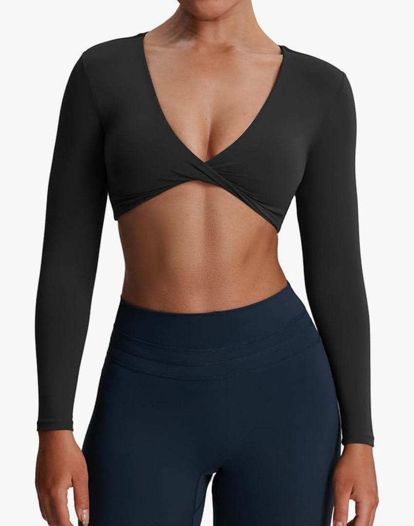 Aoxjox Long Sleeve Crop Tops for Women Sienna Twist Deep V Workout Cropped T Shirt Top Size XS