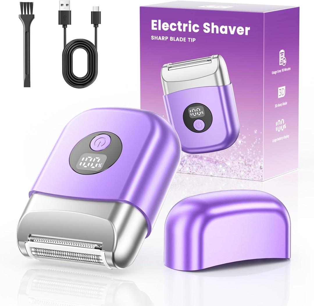 Cordless Electric Razors for Women, Travel Electric Shaver with LED Display, Rechargeable Body Trimmer Shaver for Private Area, Face Underarms Bikini,Lips, Arms, Legs (Purple)