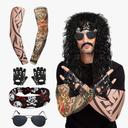 7 Pcs Rocker Costume Men's Wigs Black Curls Disco Costume Men's Party Costume Men with Wigs Sunglasses Beards Sleeves Gloves Headscarves for 70s 80s 90s, Medium