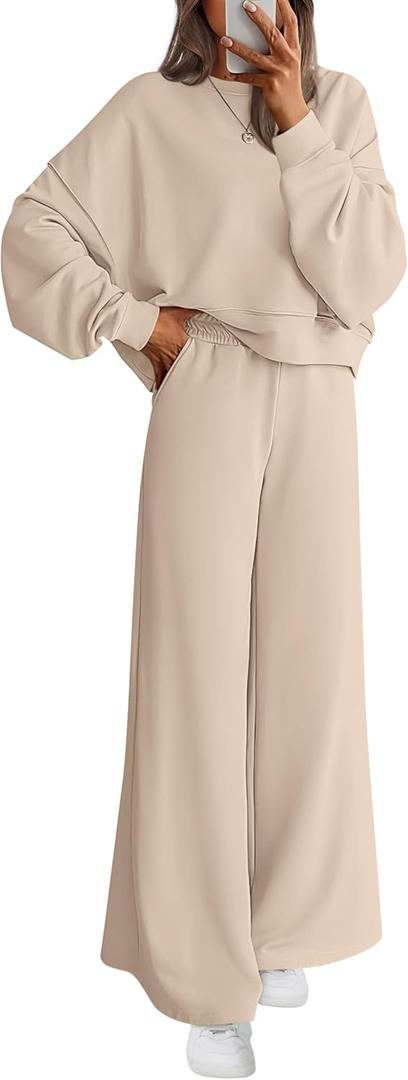 PRETTYGARDEN Women 2 Piece Outfits 2026 Spring Sweat suits Crewneck Sweatshirt Wide Leg Sweatpants Lounge Sets Tracksuit (X-Large, Beige)