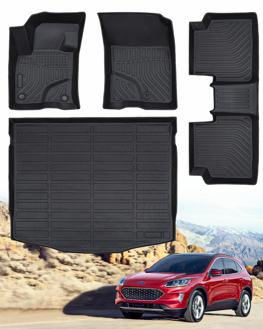 BAMACAR for 2020 2021 2022 2023 Ford Escape Floor Mats 4 Pcs & Cargo Liners, (Not for Hybrid) for Ford Escape Accessories 2020 2021 2022 2023 1st & 2nd 3rd Row Trunk Mats Black All Weather Protection