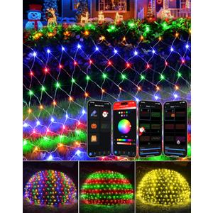 4 x 6FT Christmas RGB Net Lights Outdoor with Smart APP Remote Control, DIY Color Changing 150 LEDs Smart Mesh Lights for Bushes, Waterproof Christmas Mesh Light with Timer Music for Tree, Fence, Bush