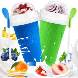 Slushie Cup, 2 Pack Slushy Maker Cup, Frozen Magic Squeeze Cups for Juice Milk Yogurt Ice Cream Make, DIY Smoothie Cooling Cup with Lid & Straw for Kids Friends Family (Blue+Green)