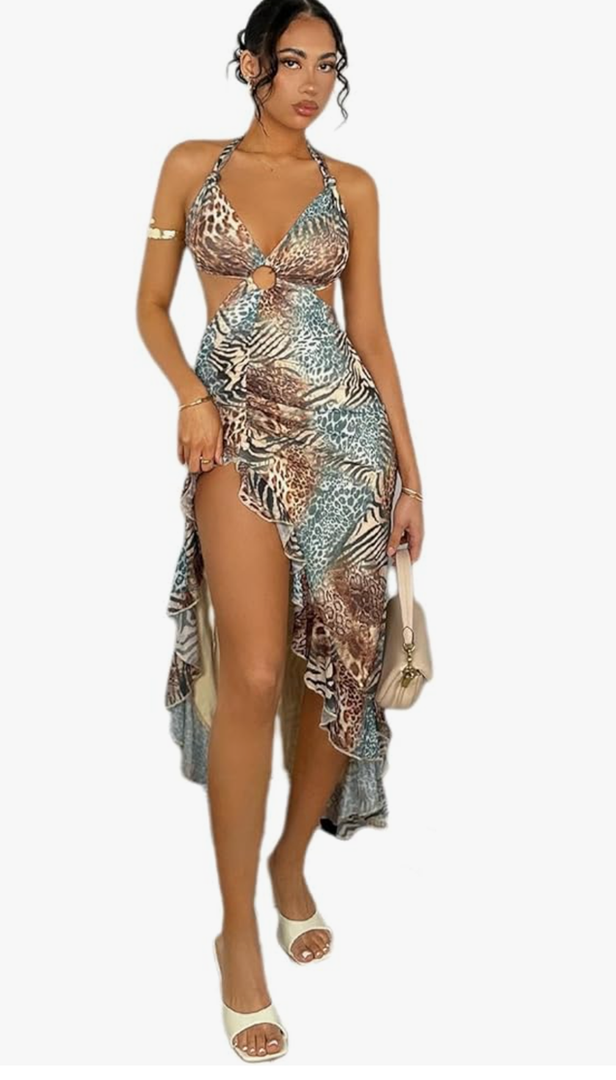 WDIRARA Women's Halter Cut Out Dress Floral Cheetah Print Asymmetrical Hem Sexy High Slit Mesh Ruffle Dresses Small