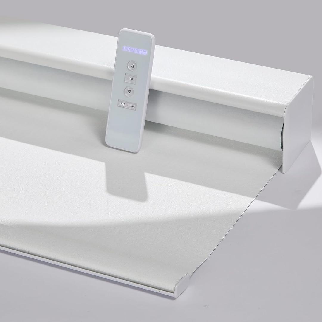 Persilux Motorized Roller Blinds with Remote Control, Blackout Electric Window Shades Compatible with Alexa Google via Hub, Rechargeable Smart Blinds for Windows, Custom Size, Blackout-White