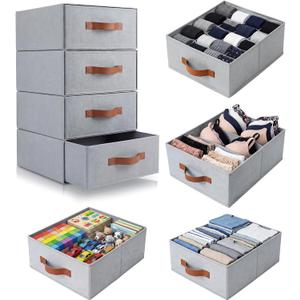 Windyun 4 in 1 Stackable Drawer Closet Organizer with Dividers for Underwear Socks Bras Scarves Ties Large Dresser Organizer Bins Foldable Clothes Storage Boxes, 12 x 15 x 6 Inch(Gray)