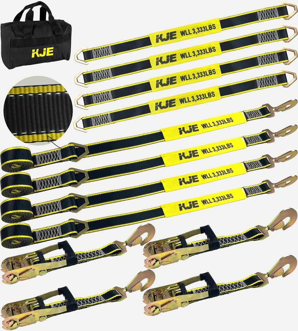 KJE Heavy Duty Car Trailer Tie Down Straps with Reflective - (4) 2" x 10' Ratchet Straps with Snap Hooks, (4) Axle Straps 2" x 36'' - 10,000lbs Break Strength - Use for Car, Truck, UTV Transport