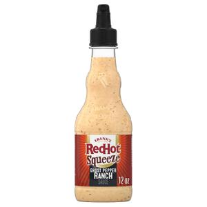 Franks RedHot Hot Sauce, Ghost Pepper Ranch, Squeeze Bottle, Hot Heat, Ghost Pepper Heat and Cool, Creamy Ranch, Squeeze On Burgers, Pizza, Salads, Sandwiches, Wraps, Dip with Veggies, Chicken Tenders, and Fries, 12 fl oz (Pack of 6)