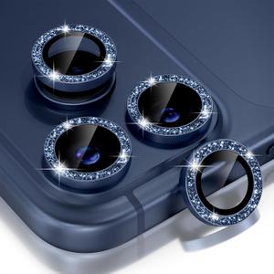 Choiche Compatible for iPhone 17 Pro/iPhone 17 Pro Max Camera Lens Protector Bling, 9H Tempered Glass Camera Cover Screen Protector Metal Ring Decoration Accessories (Glitter-Blue)