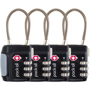 pack all TSA Approved Cable Luggage Locks, 3 Digit Combination Padlocks, Travel Lock for Suitcases & Bag, Alloy Body, Travel Accessories (4 Pack)