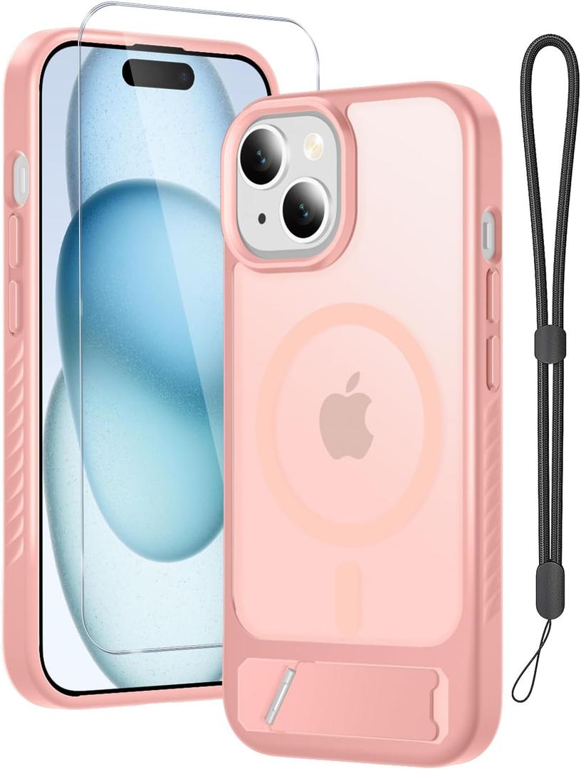 for iPhone 15 Case & iPhone 14 Case with Screen Protector+Lanyard Wrist Strap,Magnetic Translucent Matte Rugged Slim Phone Cover Built in Invisible Kickstand [Fit for MagSafe],Cute Pink