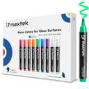 maxtek Neon Dry Erase Markers for Glass,Window Markers for Dry Erase Board,Chalkboard,LED Note Board,Acrylic Refrigerator Calendar,Bullet Tip,Low Odor,Assorted Colors,9 Count