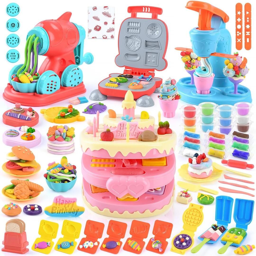 4 in 1 Color Dough Set Kitchen Creations with Ice Cream/Cake/Noodle/Hamburger Maker Machine, Arts Crafts Play Food Toys Tools Kit for Boys Girls Kids Toddlers Ages 3+ , 24 Dough