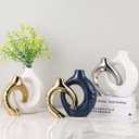 LCCCK Blue and Gold Ceramic Vases for Home Decor, Boho Vase for Flowers Pampas Grass Decorative, Navy Blue Hollow Donut Small Vase for Living Room Table Wedding Centerpiece Modern Vases, 6.7"L x 2"W x 8.6"H