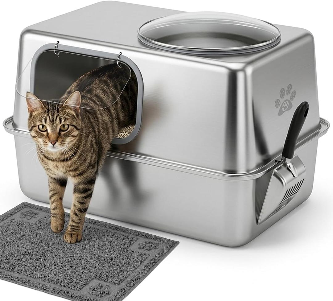 Enclosed Stainless Steel Litter Box with Lid, XL for Big & Multi Cats