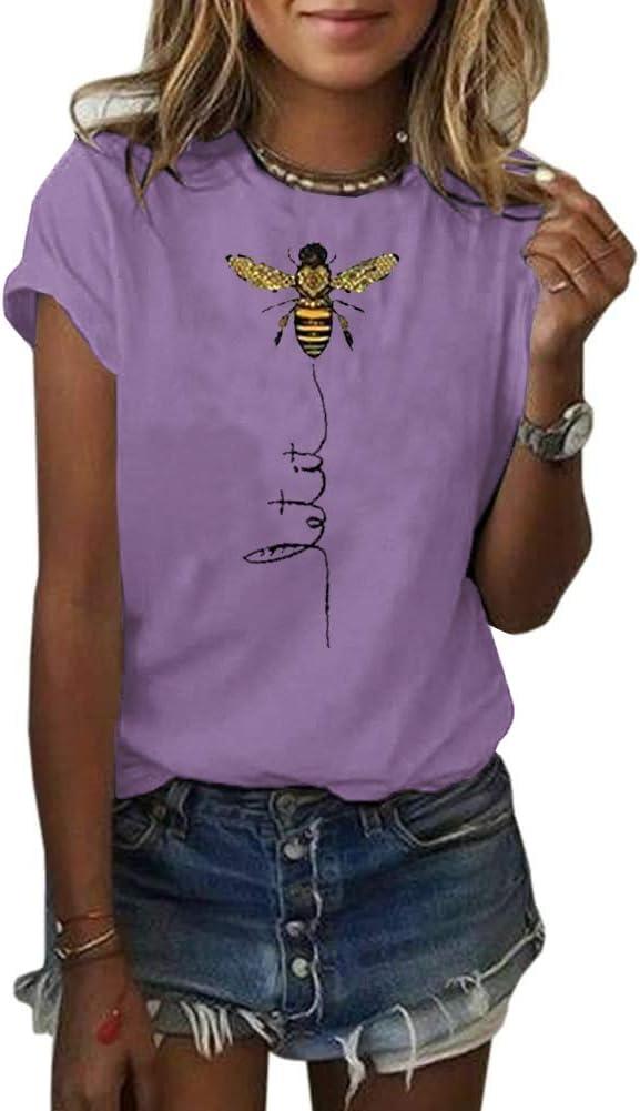 Pfvkeree Womens Cute Bee Graphic Tee Shirts Short Sleeve Let It Bee Funny Letter Print Summer T-Shirt Tops (Large, Z-purple)