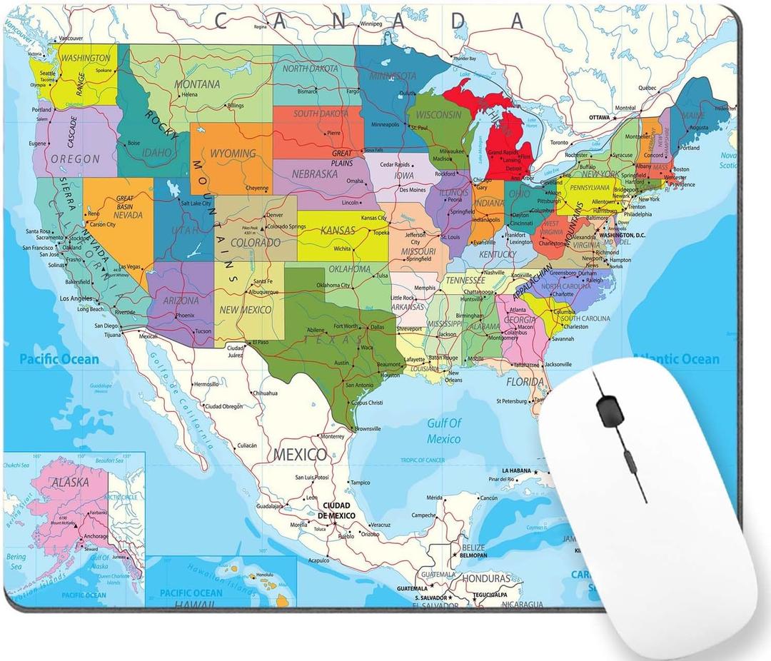 TSSOHU USA Map Mouse Pad Non-Slip Rubber Base Gaming MousePads for Computers Laptop Office, Computer Mouse Pad for Wireless Mouse, 9.5""x7.9""x0.12"" Inch(240mm x 200mm x 3mm), WMJMP2429
